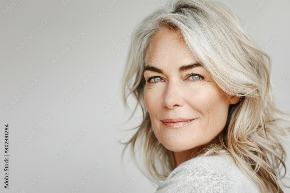 Portrait of a beautiful elderly woman in close-up. A picture of the face of a mature blonde with clean, fresh skin on a light background. Portrait of a beautiful elderly woman in close-up. A picture of the face of a mature blonde with clean, fresh skin on a light background.