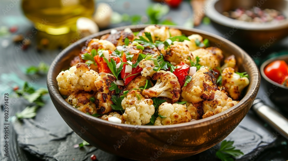Roasted cauliflower salad with garlic and herbs, appetizer table bowl spice snack Roasted cauliflower salad with garlic and herbs, appetizer table bowl spice snack