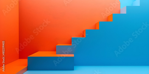 Blue and Orange stairs leading to top step success career staircase with orange steps and a blue wall in the background
