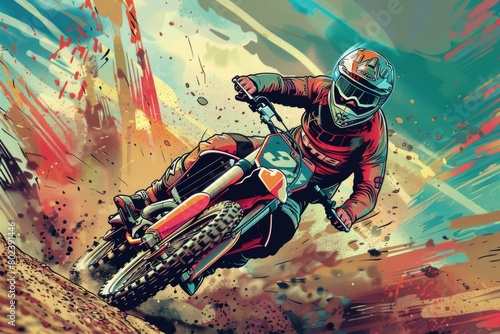 A person riding a dirt bike on a dirt track. Suitable for sports and adventure themes