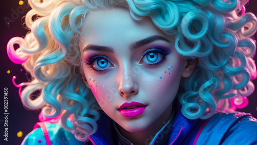 Colorful vivid portrait of a beautiful glowing woman with wavy hair wearing vibrant jester clothes © The A.I Studio
