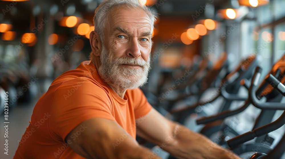Confident senior exercise bikes at gym, older man exercising on stationary bike, sports training portrait sports clothing health club muscular build Confident senior exercise bikes at gym, older man exercising on stationary bike, sports training portrait sports clothing health club muscular build