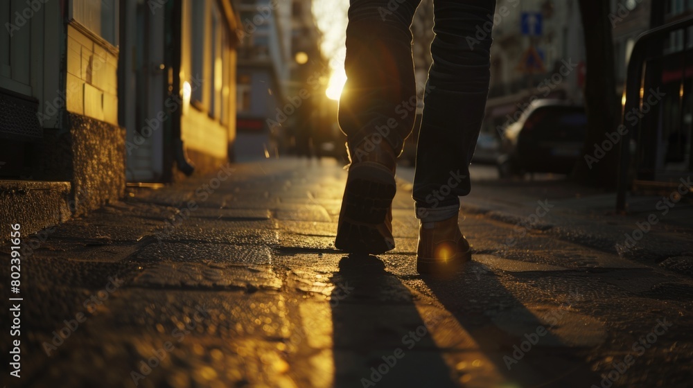 Fototapeta premium A person walking down a street at sunset, suitable for various projects