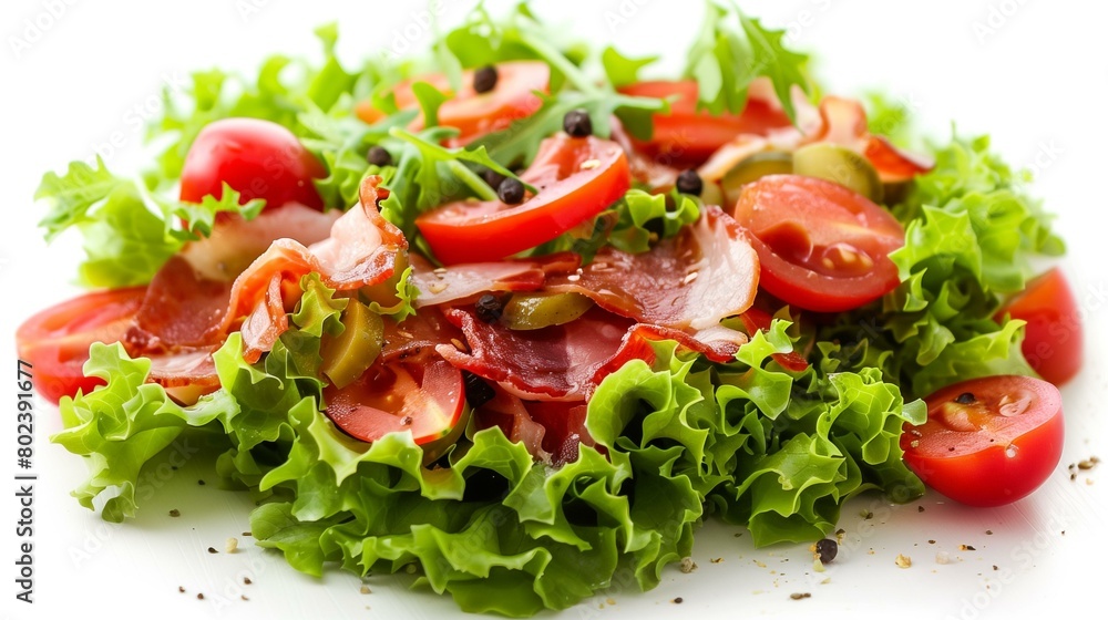 Blt salad with ham, tomatoes and lettuce on white background, organic prosciutto pork sandwich bread