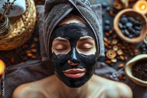 Charcoal Facial Mask on Woman Face, Black Clay Mask, Relaxing Face, Spa Skin Treatment photo