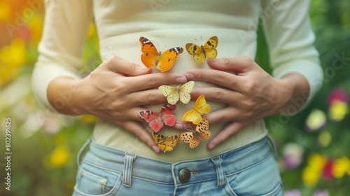 Butterflies in stomach, woman holding butterflies on her stomach, fun togetherness season plant family