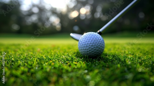 Close up of golf ball on green field, leisure games success playing putting 