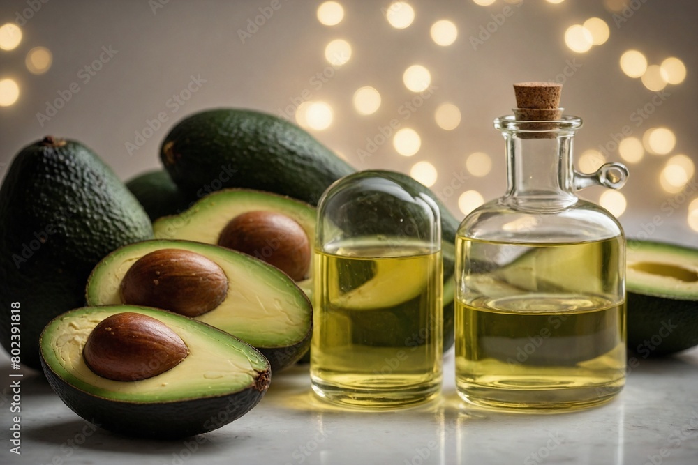 A close-up shot of Avocado oil and slice A close-up shot of Avocado oil and slice