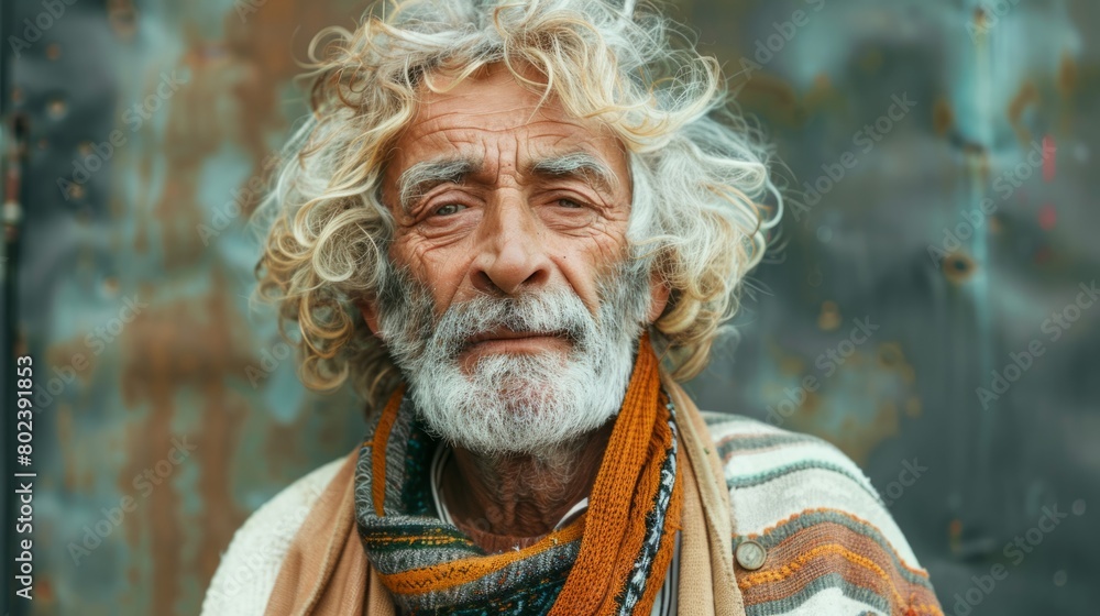Old Persian Man with Blond Curly Hair 1990s style Illustration.