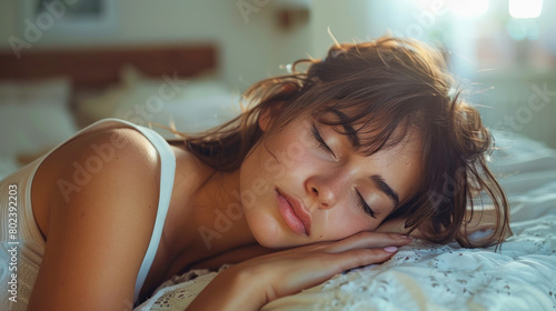 A young dark haired woman with tousled hair, sleeping serenely in a sunlit room. Ideal for themes of relaxation, peaceful mornings, and healthy sleep habits. photo