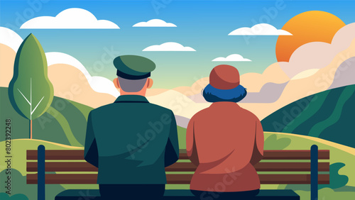 A powerful portrayal of a veteran and their spouse sitting side by side on a bench gazing out at a peaceful landscape as they reflect on a lifetime of. Vector illustration