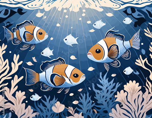 tropical clownfish painted background coral reef with fishes backdrop wallpaper (ID: 802392295)
