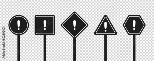Set of round, square, rhombic, triangular and hexagonal black road signs with exclamation point. Caution sign. Vector icons for warning about the situation on the road. Transparent isolated background