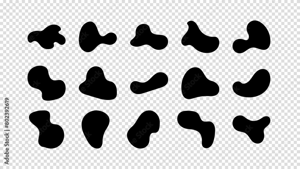 Abstract organic black fluid blobs irregular shapes set of collection for speech bubbles. Liquid shapes, round abstract elements. Simple blotch water forms. Vector illustration on a transparent bg. Abstract organic black fluid blobs irregular shapes set of collection for speech bubbles. Liquid shapes, round abstract elements. Simple blotch water forms. Vector illustration on a transparent bg.