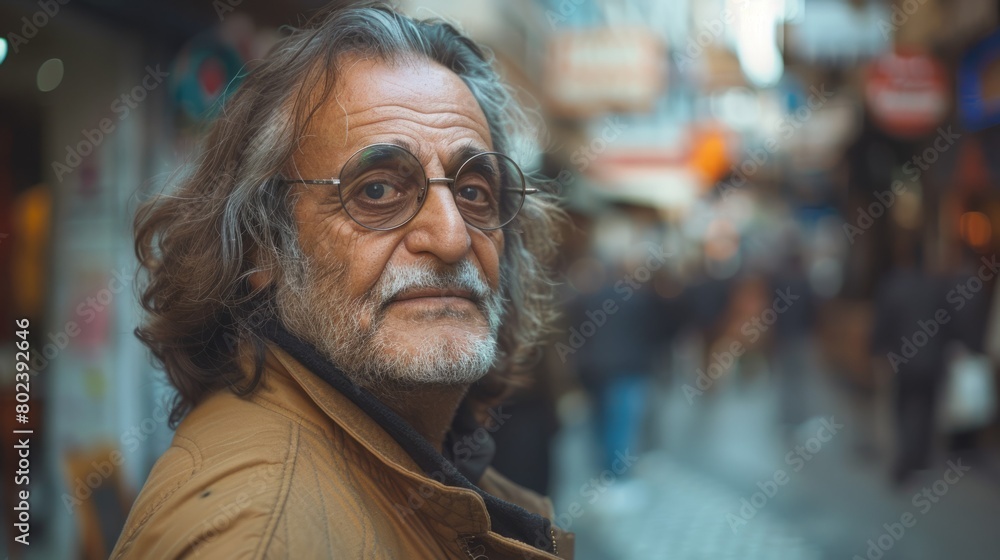 Obraz premium Old Persian Man with Brown Straight Hair 1990s style Illustration.