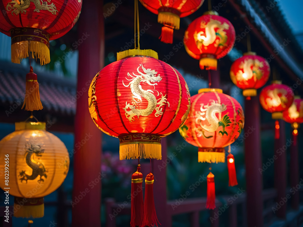 Traditional Lunar Festival background adorned with lanterns, dragon motifs, and auspicious symbols, heralding the arrival of Chinese New Year.