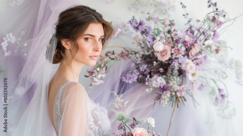 Gauzy tulle in a soft lavender shade creates a romantic and airy textured backdrop.