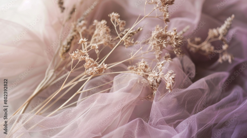 Gauzy tulle in a soft lavender shade creates a romantic and airy textured backdrop. Gauzy tulle in a soft lavender shade creates a romantic and airy textured backdrop.
