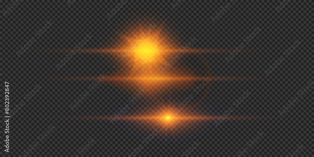 Set of orange horizontal light effects of lens flares Set of orange horizontal light effects of lens flares