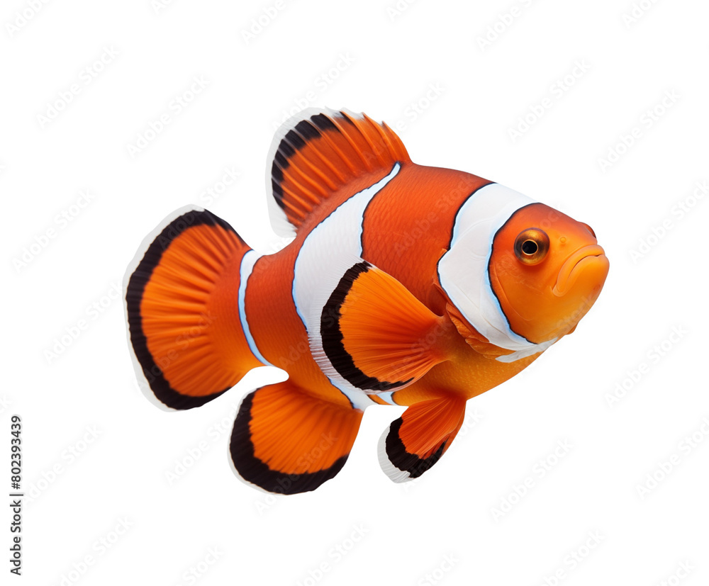 Fototapeta premium A vibrant clownfish with striking orange and white stripes, isolated on a transparent background. Generative AI 