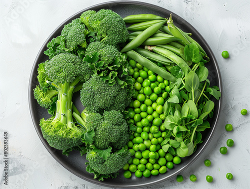 Plat de légumes verts frais et organiques : haricots verts, brocolis et petits pois, assiette de régime sur fond blanc photo