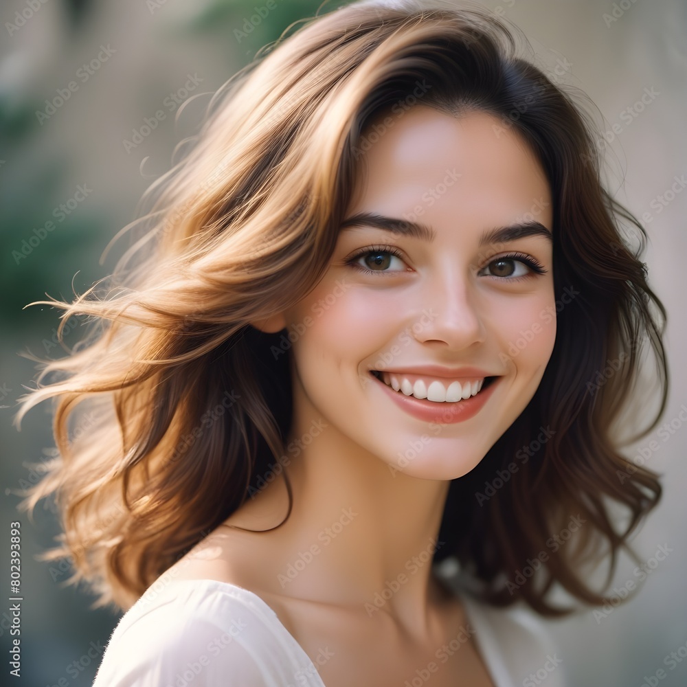 Smiling happy woman portrait. Outdoor beautiful face female. Smiling happy woman portrait. Outdoor beautiful face female.