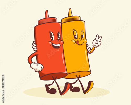 Groovy Hotdog Retro Characters Label. Cartoon Sausage and Mustard Bottle Walking Smiling Vector Food Mascot Template. Happy Vintage Cool Fast Food Illustration with Typography Isolated (ID: 802393820)