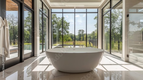 A modern bathroom featuring a sleek  white freestanding bathtub set against a backdrop of large windows and natural light  offering a spa-like atmosphere