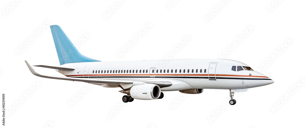 Fototapeta premium Modern passenger airplane ascending with landing gear down, isolated against a transparent background, illustrating aviation and travel. Generative AI