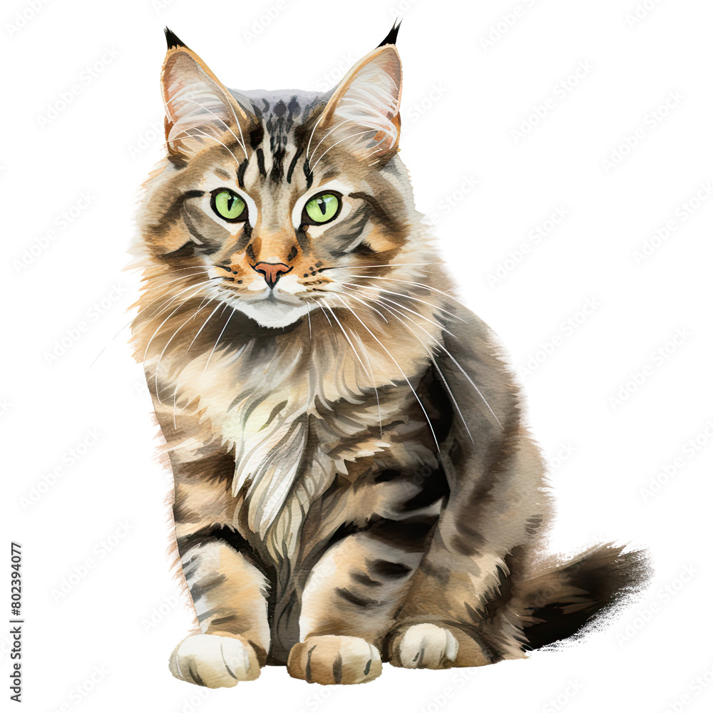 Fototapeta premium AI-Generated Watercolor Maine Coon Cat Clip Art Illustration. Isolated elements on a white background.