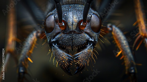 The intense and alienlike face of an ant, showcasing its mandibles and multifaceted eyes, set in a dramatic, shadowy environment photo