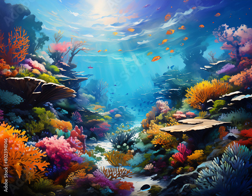 tropical coral reef seascape painted background underwater plant life backdrop wallpaper (ID: 802394046)