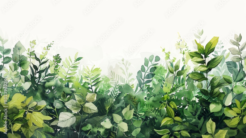 Artistic depiction of dense, lush watercolor greenery, featuring deep and light greens, meticulously isolated on a white background to highlight the naturalistic details