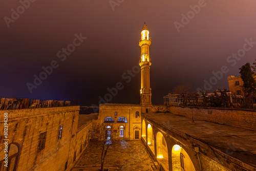 Exterior view Sehidiye Mosque and Madrassa,a popular landmark in Mardin,Turkey. Mardin Sehidiye Mosque, night view, Turkey, Mardin.