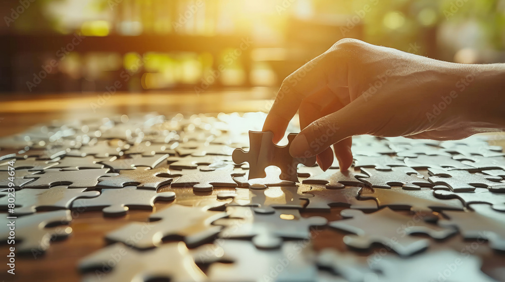 Focused image of a hand guiding a puzzle piece into place, with a softly glowing library backdrop. Focused image of a hand guiding a puzzle piece into place, with a softly glowing library backdrop.