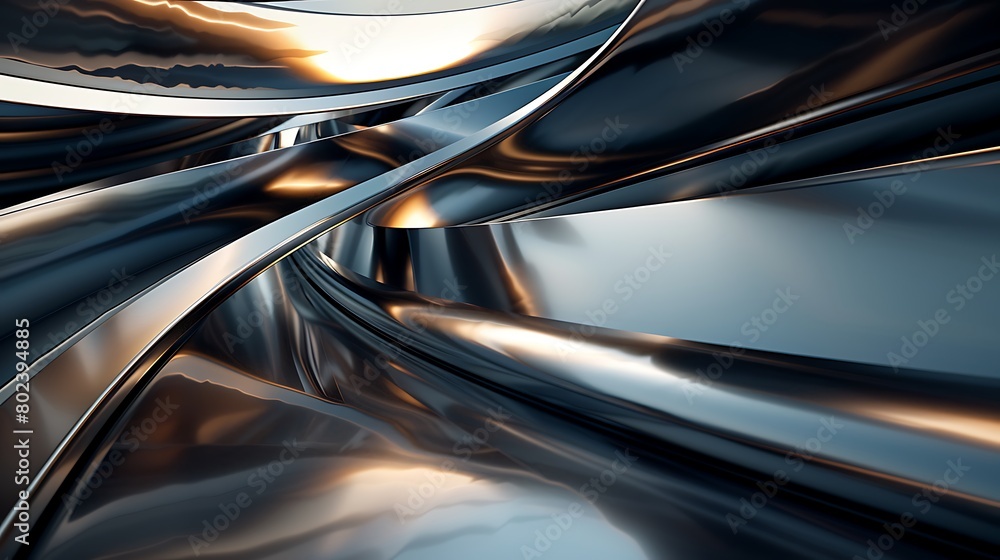 Capture the intricate dance of light and shadow as it plays across the sleek metallic curves of an abstract machinery, each line telling a story of innovation and progress