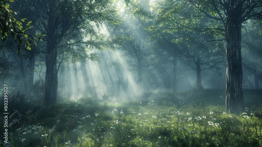 Fototapeta premium The eerie beauty of a misty forest with rays of sunlight peeking through the trees..