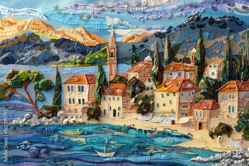 A picturesque painting of a town situated by the water. Suitable for travel and tourism concepts