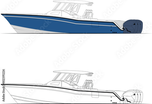 Fishing Boat Vector Line Art Illustration.