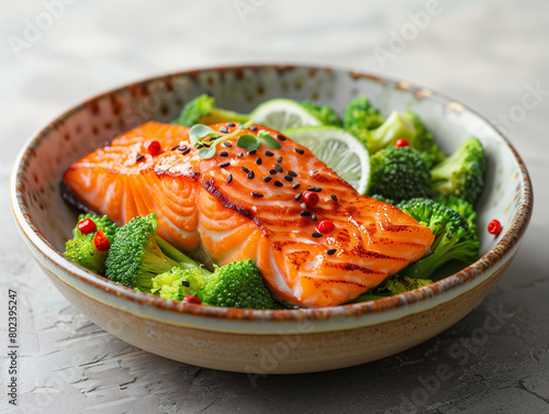 Bol en céramique vert de brocolis avec pavé de saumon frais, rondelles de citron vert et poivre rouge, plat sain de régime photo