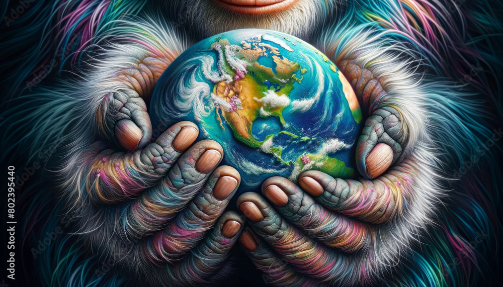 A monkey is holding a globe in its hands