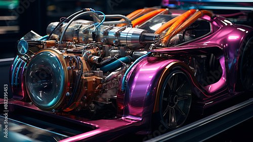 A car with a very colorful engine