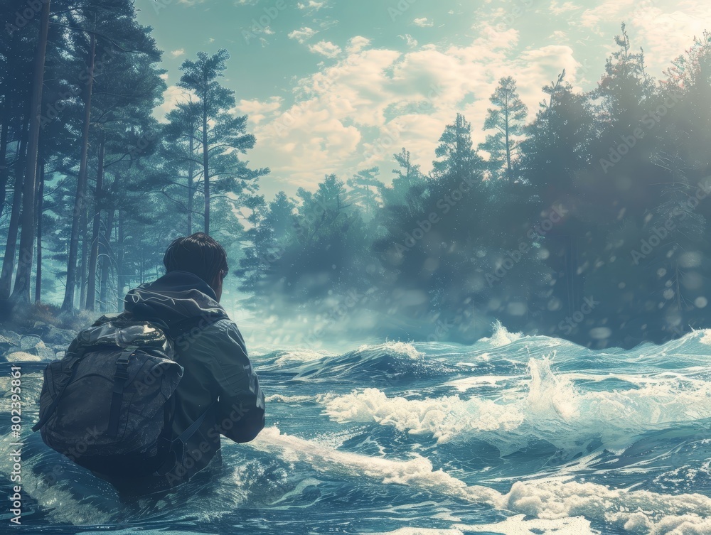 A man standing in the middle of a raging river, he is wearing a backpack and looking at the strong current. A man standing in the middle of a raging river, he is wearing a backpack and looking at the strong current.