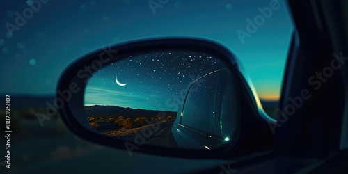 Starry Night Drive: Road Reflection in Car Mirror
