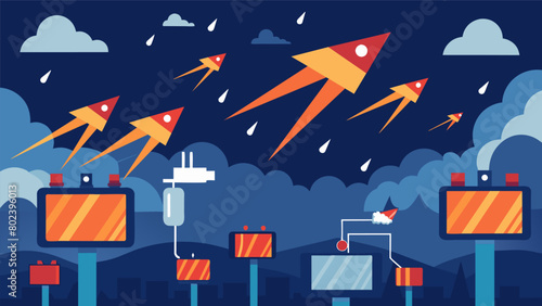 As the media storm intensifies billboards and adver descend from the sky creating a barrage of flashing lights and attentiongrabbing messages..