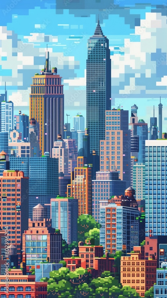 Obraz premium A pixel art style, showcases a dense cityscape, filled with myriad buildings and a playful charm that whispers of urban mysteries and adventures.