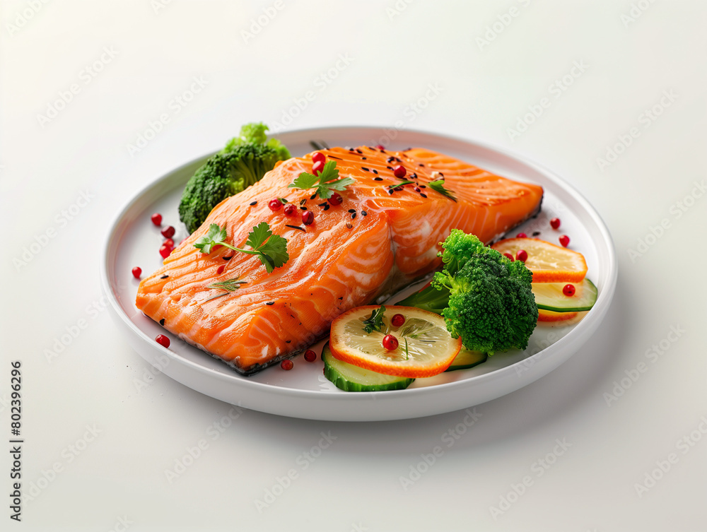 Assiette de brocolis avec pavé de saumon frais, rondelles de citron vert et poivre rouge, plat sain de régime, sur fond blanc Assiette de brocolis avec pavé de saumon frais, rondelles de citron vert et poivre rouge, plat sain de régime, sur fond blanc