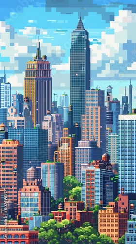 A pixel art style, showcases a dense cityscape, filled with myriad buildings and a playful charm that whispers of urban mysteries and adventures.