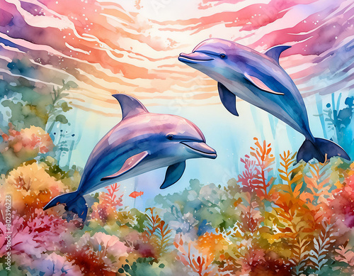 watercolor underwater seascape of dolphins in coral reef background wallpaper (ID: 802396223)