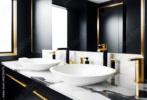 A sleek modern bathroom with black and gold accents  featuring a luxurious gold faucet and jet-black marble countertops.
